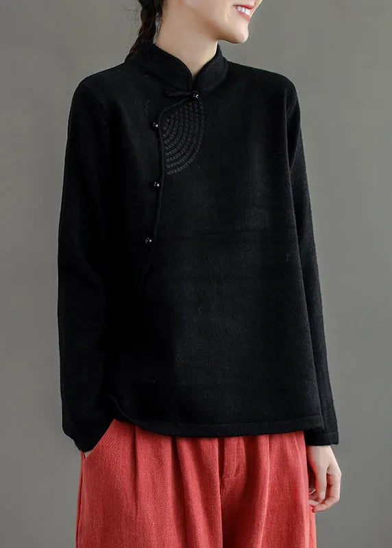 Retro Peacock Blue Stand Collar Knit Sweater Spring