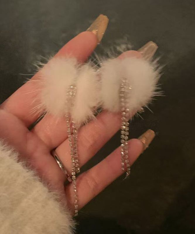 White Sterling Silver Alloy Fuzzy Ball Tassel Drop Earrings