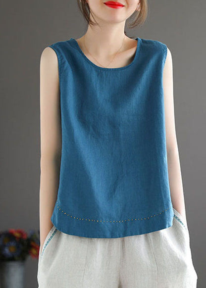 Simple Blue O-neck Embroidered Linen Beach Vest Sleeveless