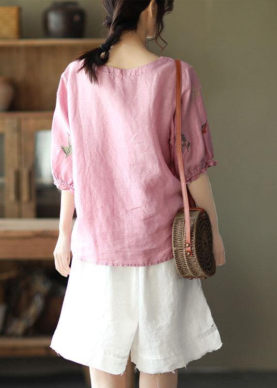 Pink O-neck Embroidered Summer Ramie Blouses Half Sleeve