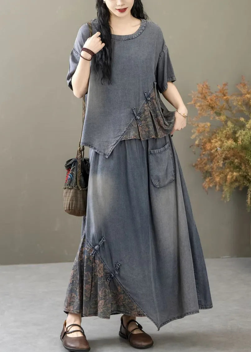 Blue Print T Shirt and Skirts Two Piece Set Short Sleeve