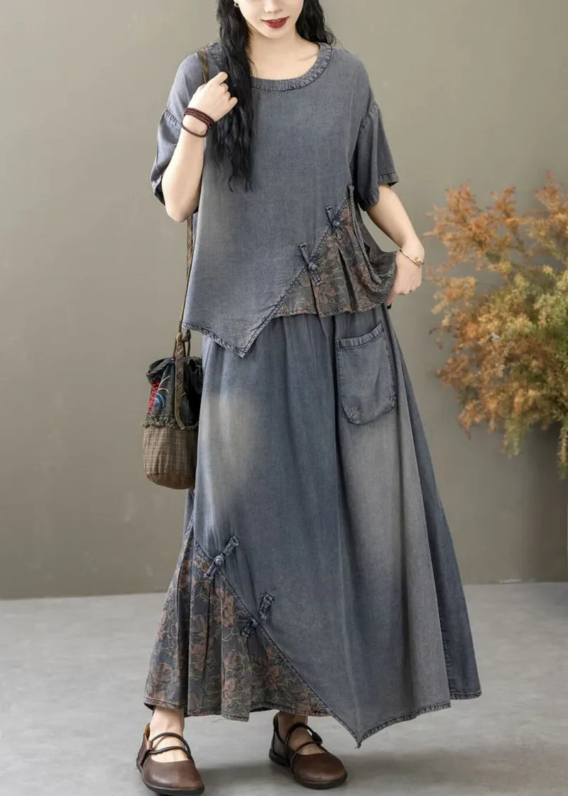 Blue Print T Shirt and Skirts Two Piece Set Short Sleeve