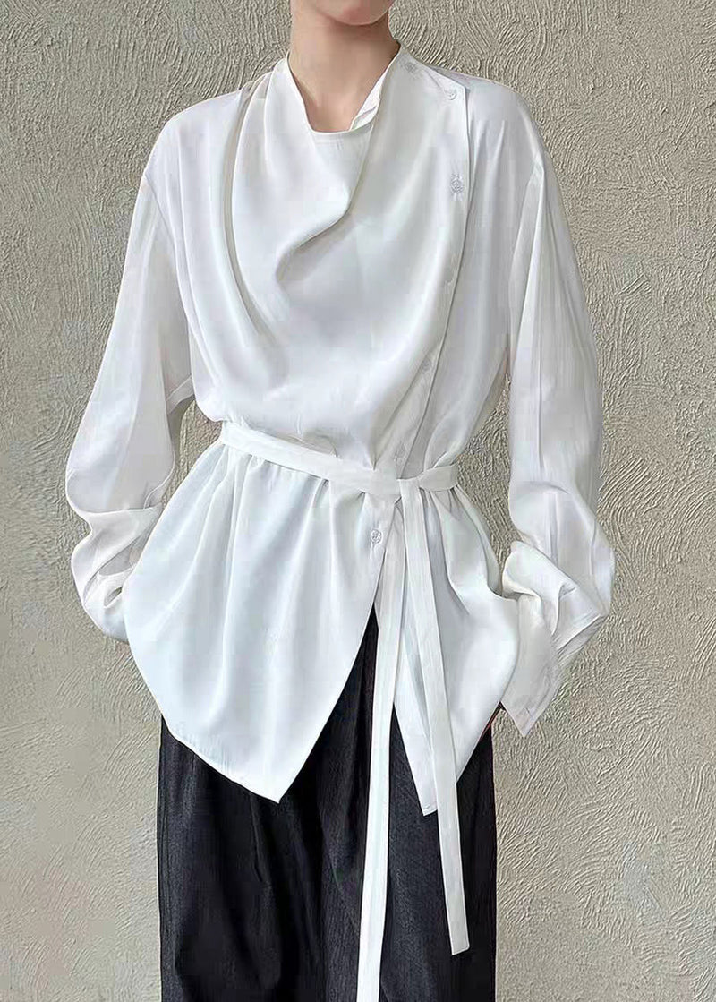 White Stand Collar Button Shirts Lantern Sleeve