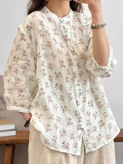 Summer Flower Ramie Button-up Shirt