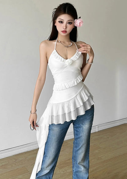 Slim Fit White V Neck Patchwork Backless Vest Summer