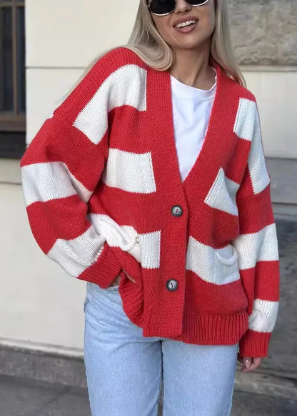 Grey V Neck Pockets Striped Knit Cardigan Fall