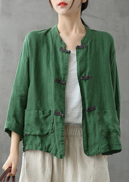 Boutique Green Stand Collar Embroidered Patchwork Linen Coat