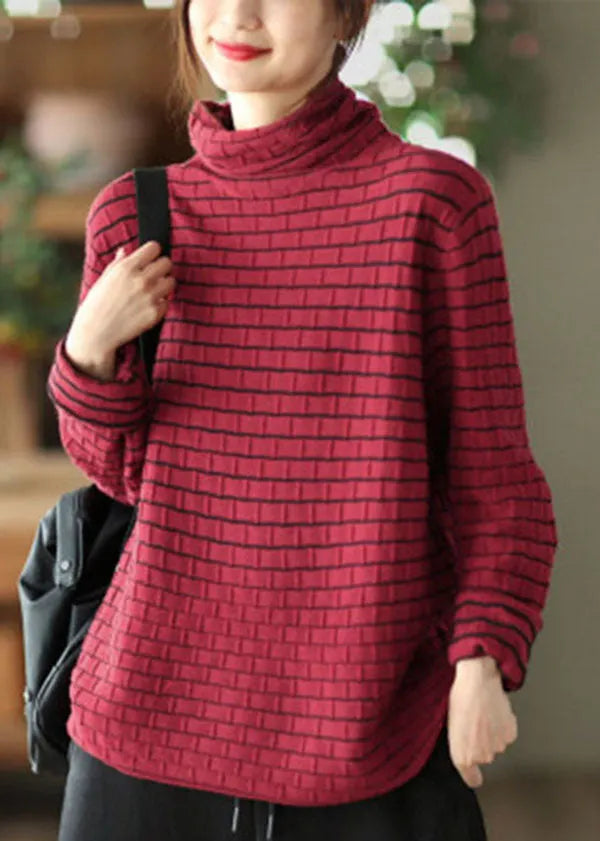 Khaki Striped Knit Sweater Tops Turtle Neck Oversized Winter