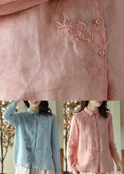 Diy Pink Peter Pan Collar Ramie Shirts Spring