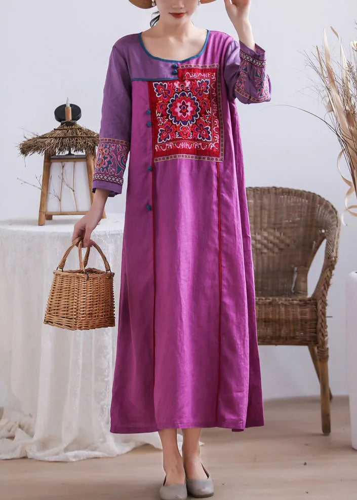 Purple Embroidered Chinese Button Patchwork Linen Long Dresses Summer