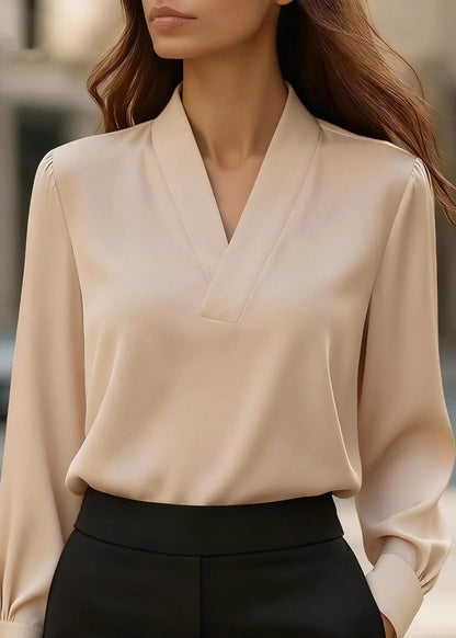 Khaki V Neck Patchwork Silk Shirt Top Spring