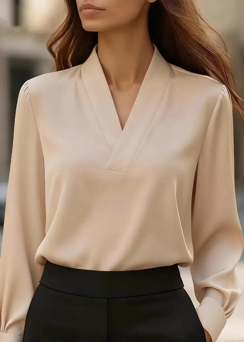 Khaki V Neck Patchwork Silk Shirt Top Spring
