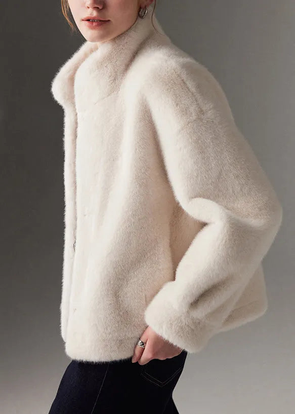 Modern White Stand Collar Mink Velvet Coat Winter