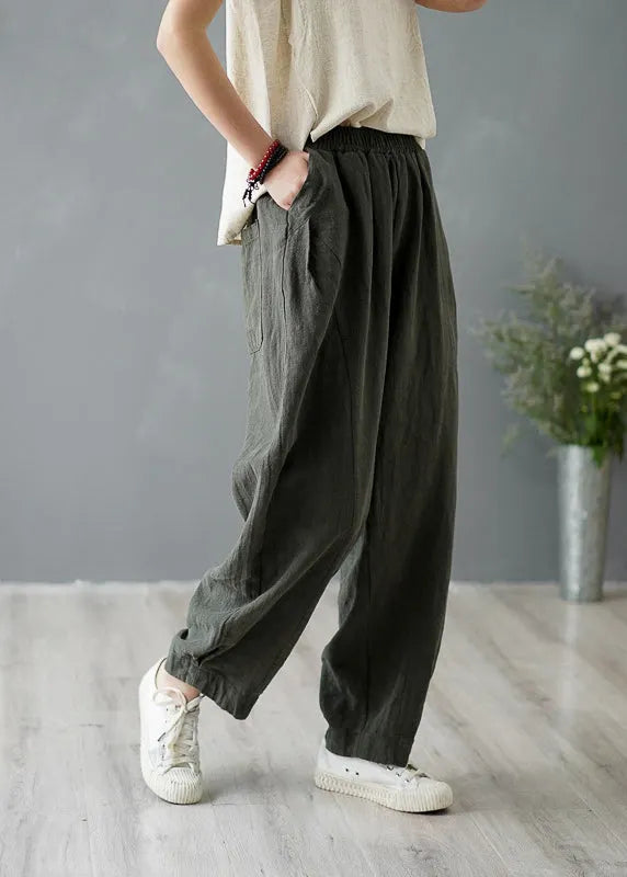 Yellow Pockets Elastic Waist Linen Pants Spring
