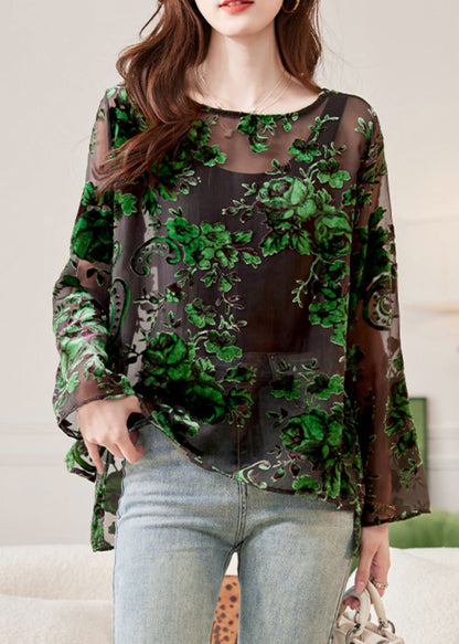 Green O-neck Chiffon Shirts Spring