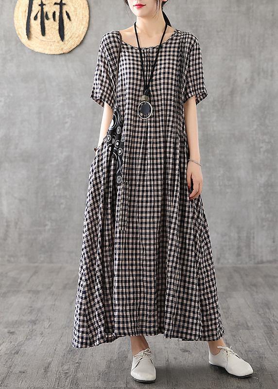 Blue Plaid Linen Dresses Summer Cotton Dress