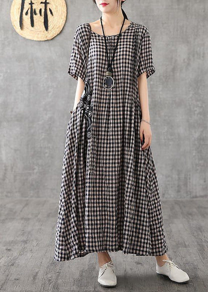 Red Plaid Linen Dresses Summer Long Cotton Dress Maxi Gown
