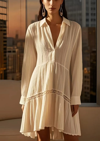 Diy White V Neck Patchwork Wrinkled Cotton Mid Dress Spring