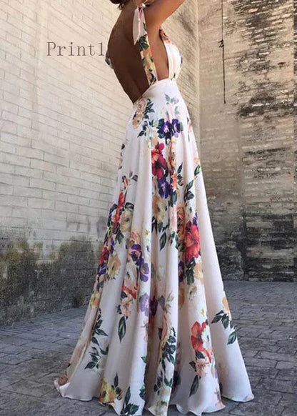 European and American Backless Print Dress Large Swing Sleeveless Design