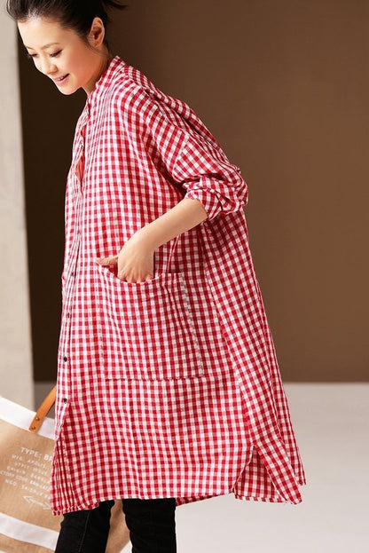 Korea Style Medium Length Loose Plaid Shirt Blouse