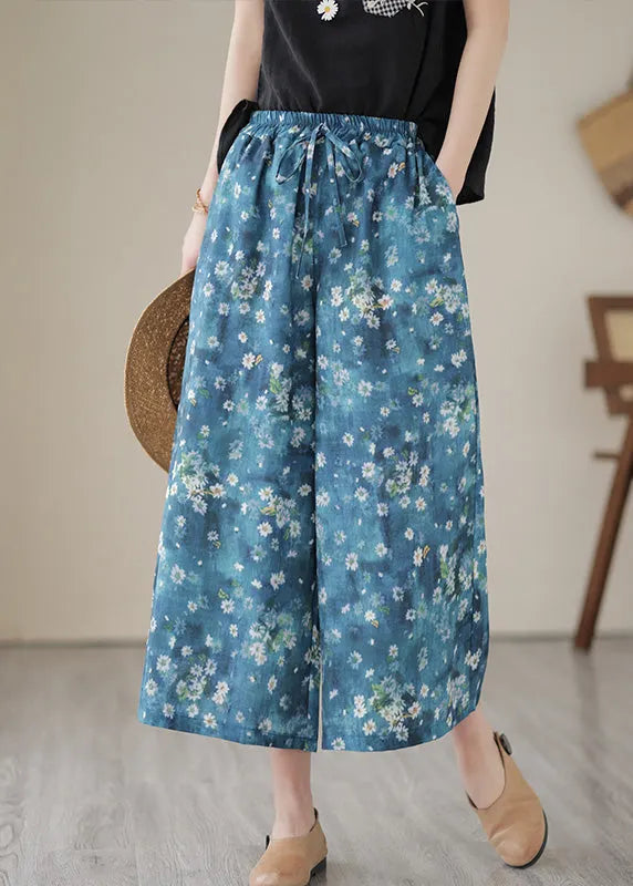 Unique Blue Print Elastic Waist Wide Leg Pants Summer