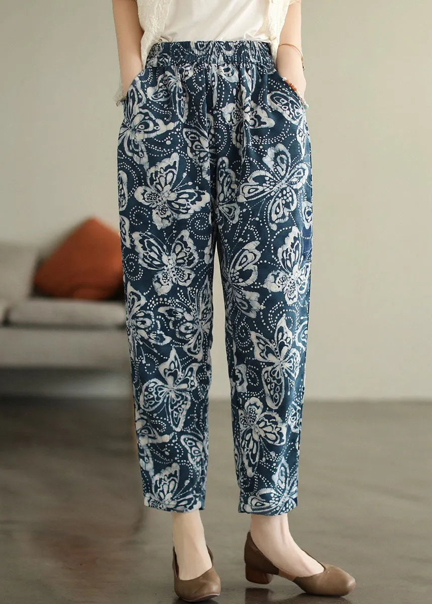 Navy Elastic Waist Print Cotton Crop Pants Fall