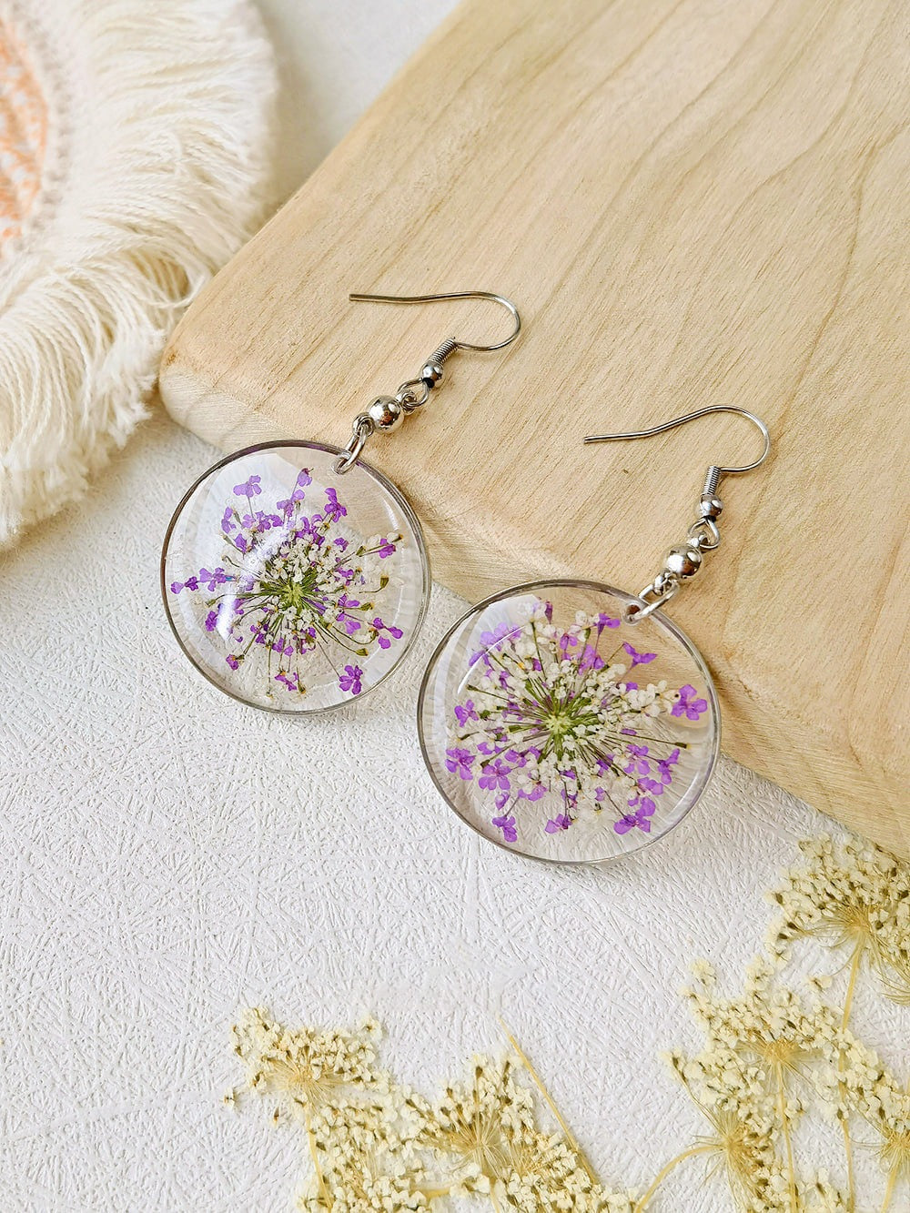 Forget Me Not Queen Annelace Resin Pressed Flower Earrings