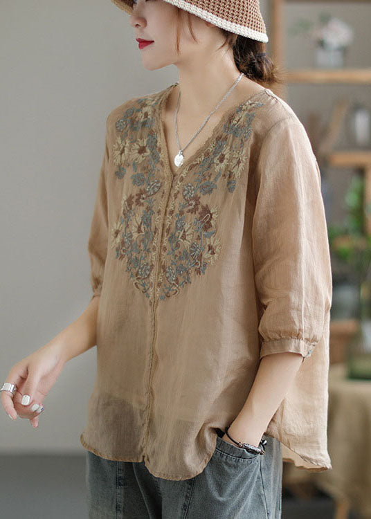 Khaki Embroidered Lace Patchwork Linen Shirt Top Half Sleeve