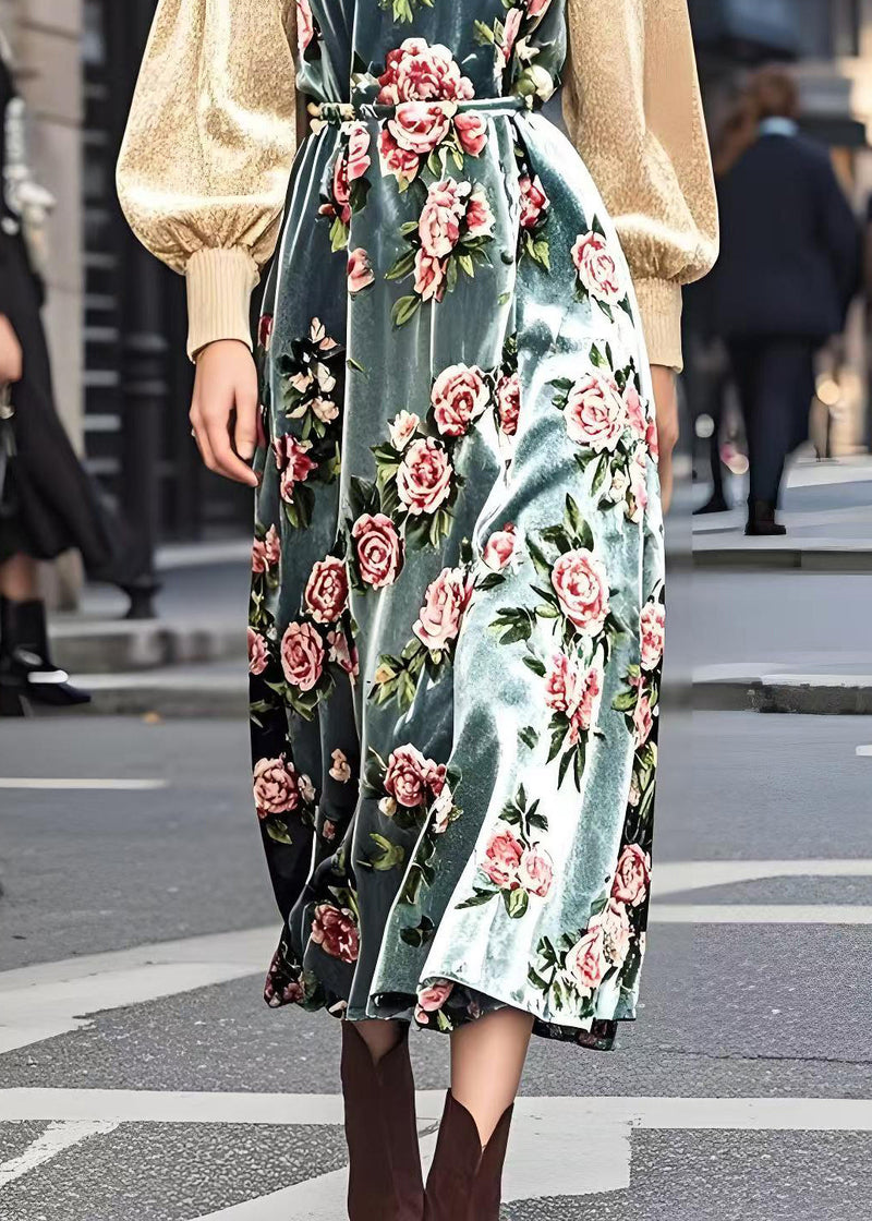 Beige Peter Pan Collar Patchwork Silk Velvet Dresses Spring