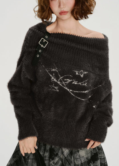 Chocolate Cold Shoulder Print Faux Mink Knit Pullover Winter