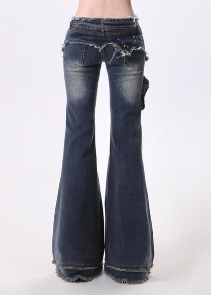 Navy Tasseled Patchwork Pockets Denim Flare Bottoms Pants Spring