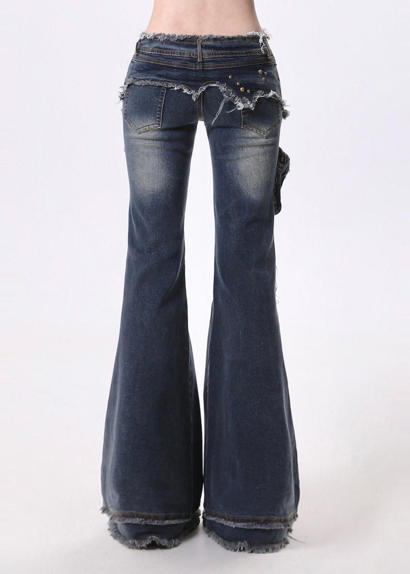 Navy Tasseled Patchwork Pockets Denim Flare Bottoms Pants Spring