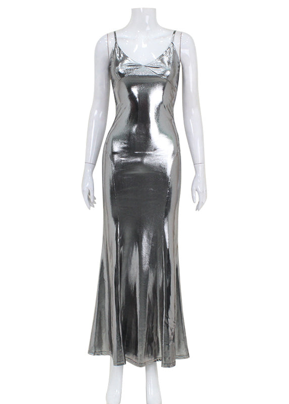 Slim Fit Silver Spaghetti Strap Dress Summer