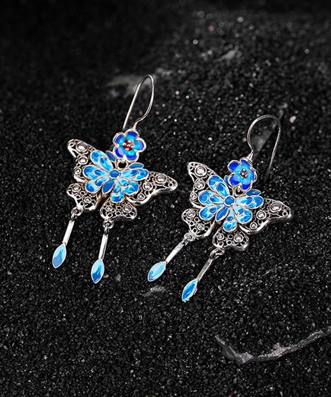 Boutique Blue Sterling Silver Butterfly Plum Blossom Tassel Drop Earrings