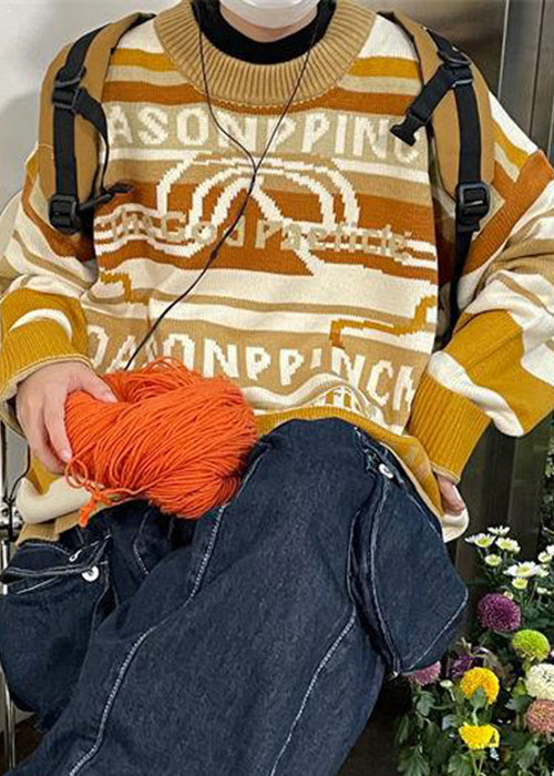 Yellow Letter Cozy Cotton Knit Winter Sweater O Neck