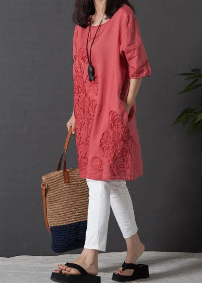 Diy Red Embroidered Linen Day Dress Half Sleeve