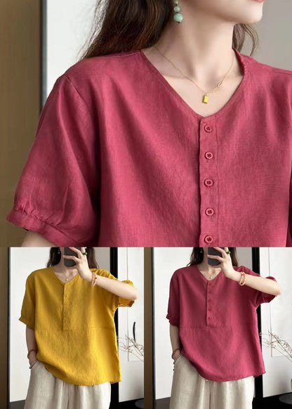 Art Yellow V Neck Button Linen Blouses Summer