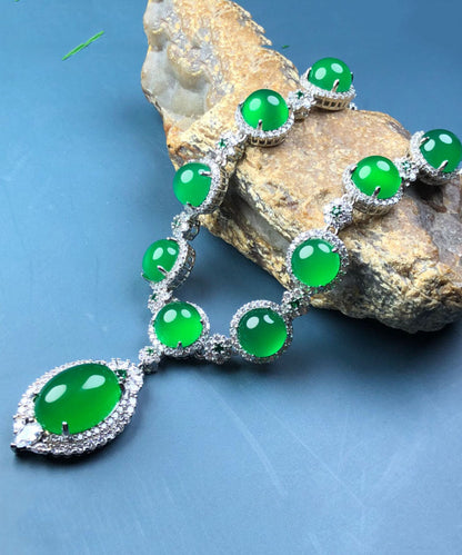 Green Sterling Silver Inlaid Zircon Chalcedony Pendant Necklace