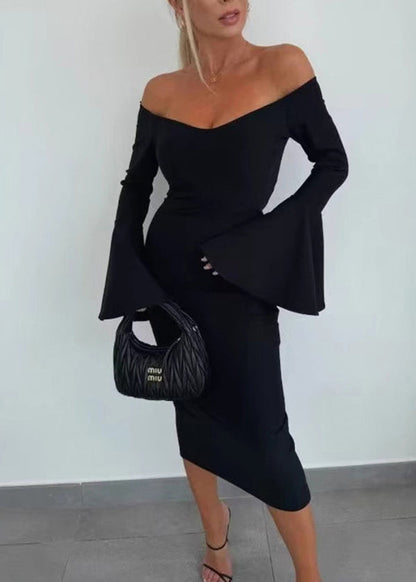 Slim Fit Apricot Slash Neck Cotton Dresses Flare Sleeve