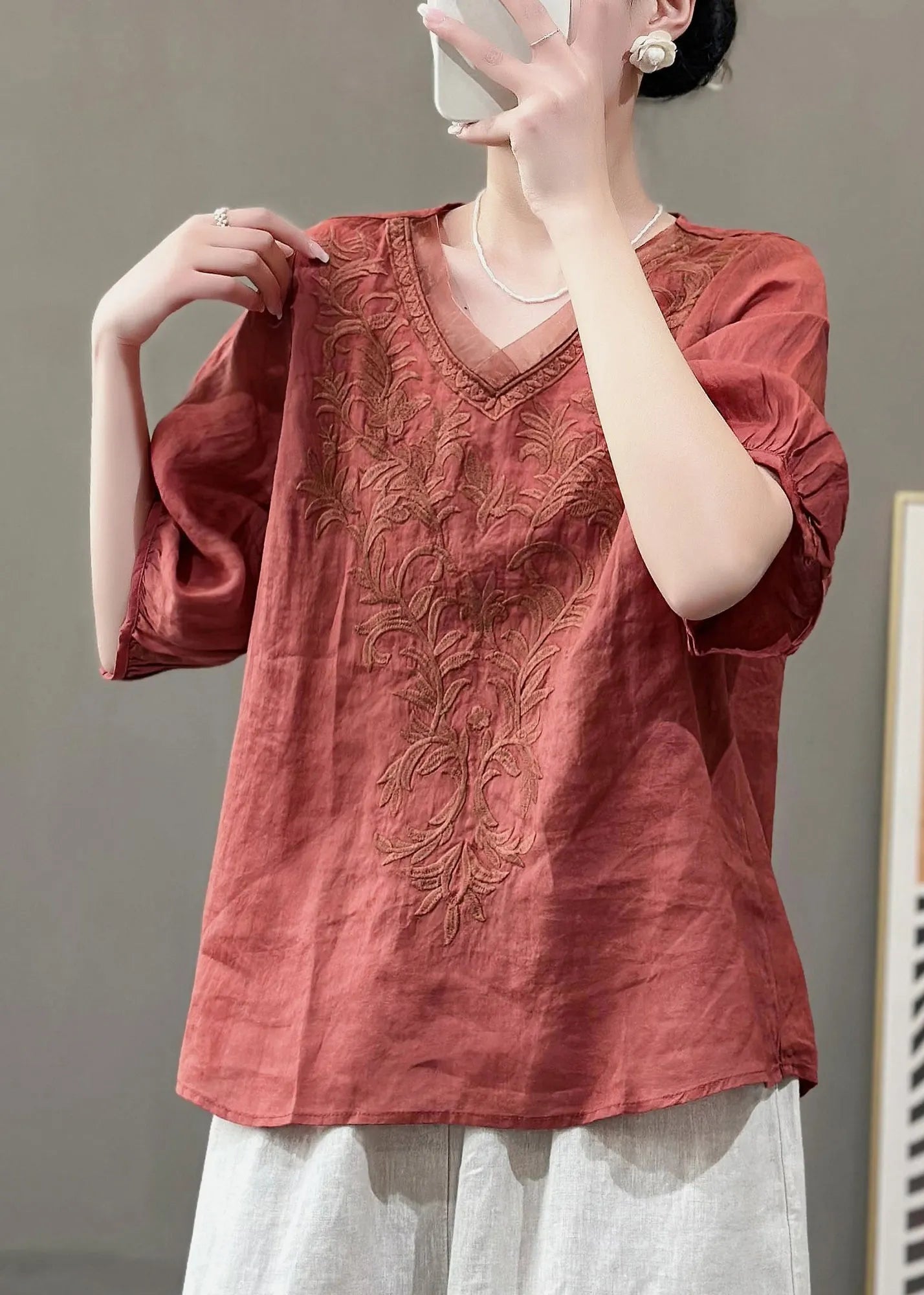 Nwe Purple V Neck Embroidered Linen Top Summer