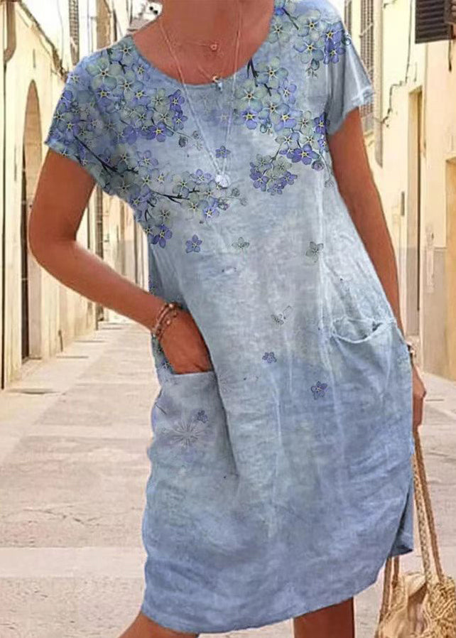 White O Neck Print Pockets Loose Cotton Dress Summer