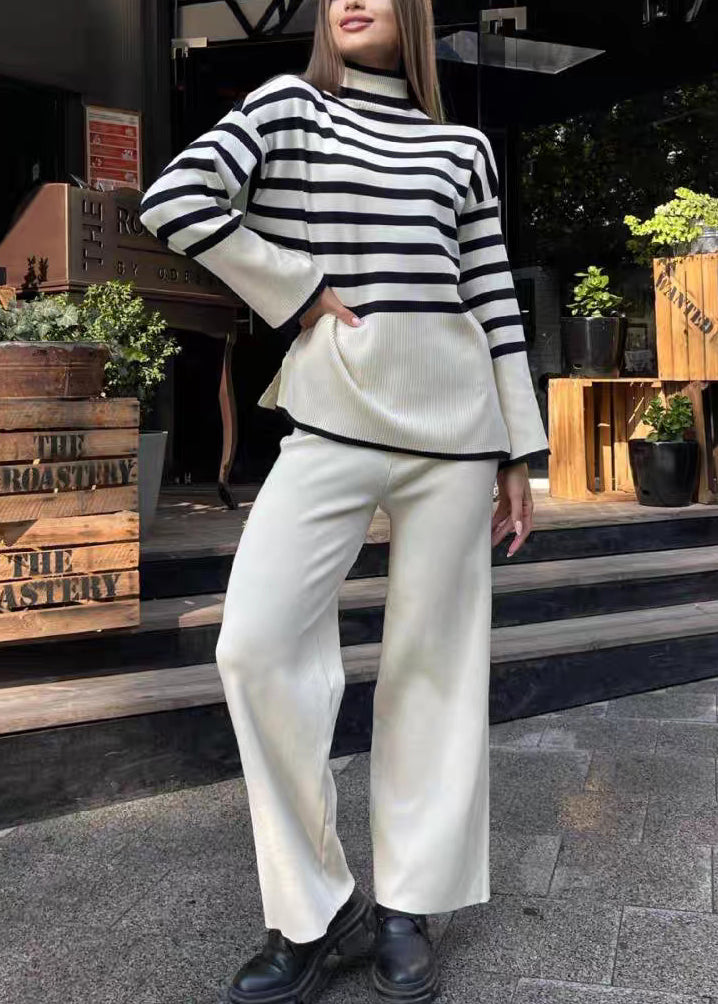 French Khaki High Neck Striped Knit Two Pieces Set Spring