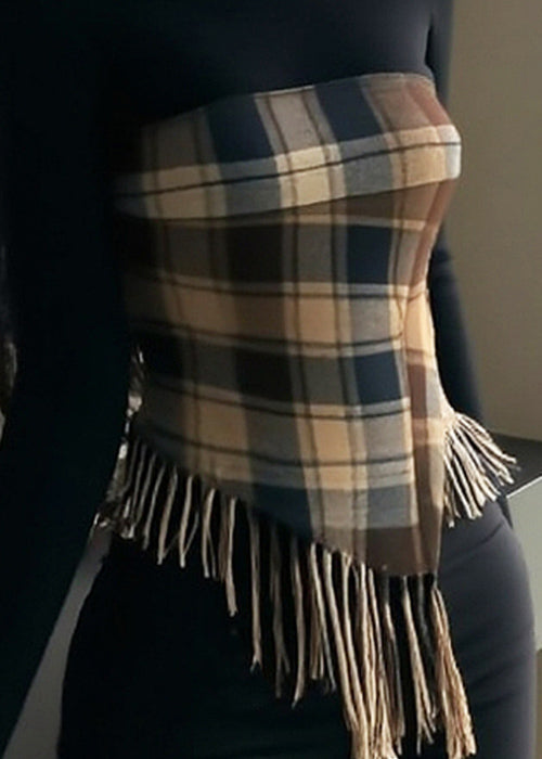 Black Tasseled Plaid Patchwork Knitting Cotton Tops Spring