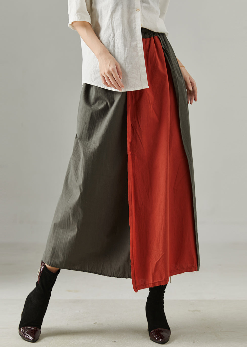 Red Elastic Waist Patchwork Cotton Skirts Fall