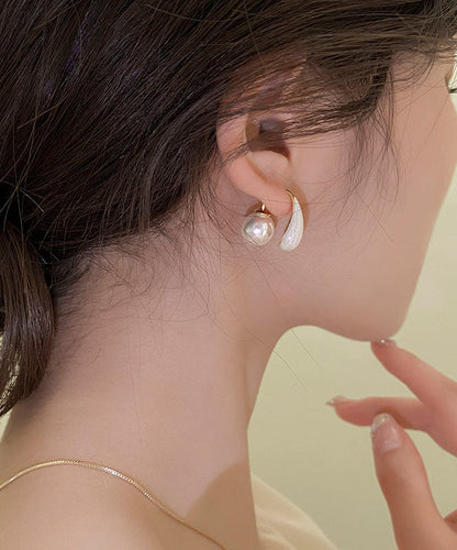 White Copper Alloy Drip Glaze Pearl Hoop Earrings