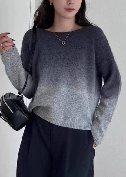 Gradient Color Pink O-neck Cotton Knit Sweaters Winter