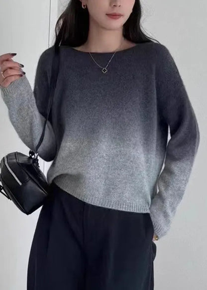 Gradient Color Pink O-neck Cotton Knit Sweaters Winter