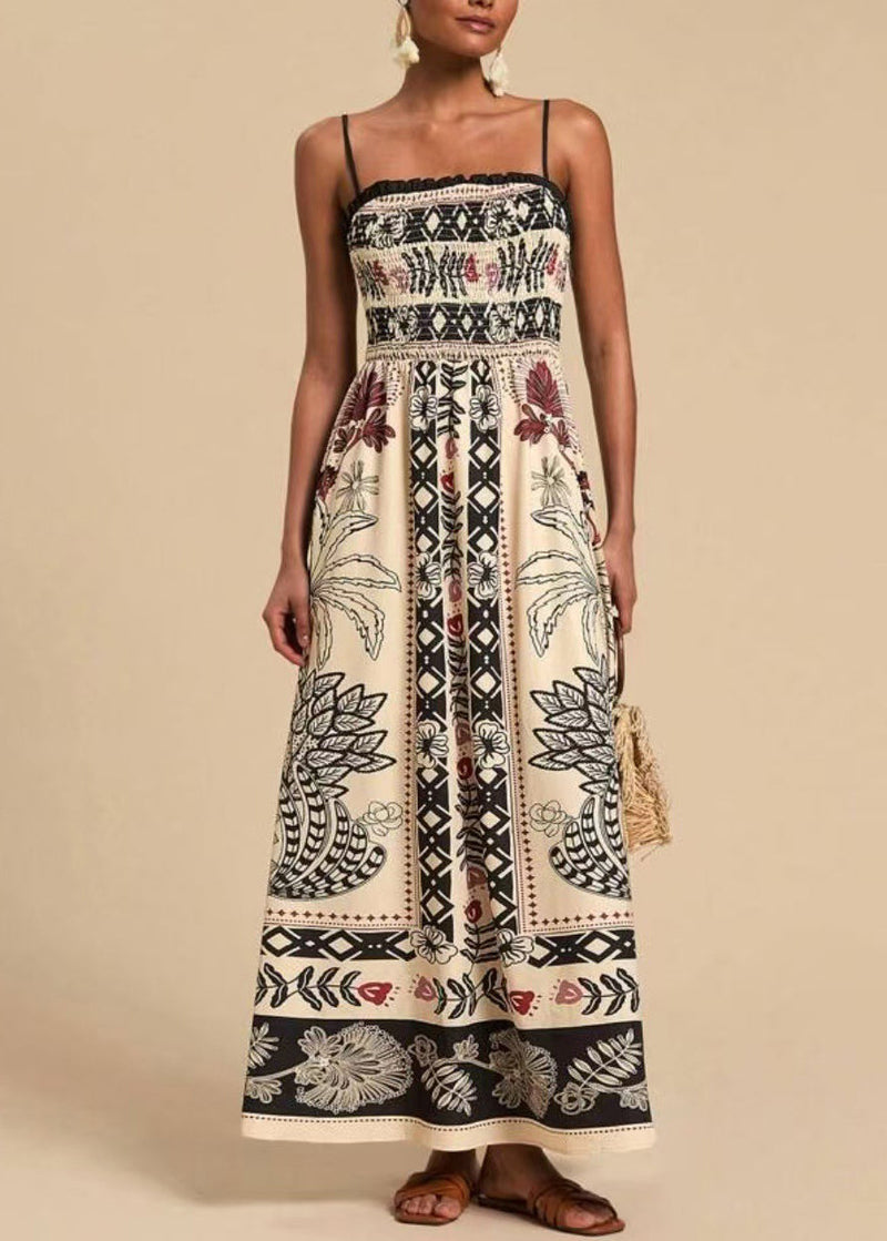 Classy White Print Cotton Spaghetti Strap Dress Summer