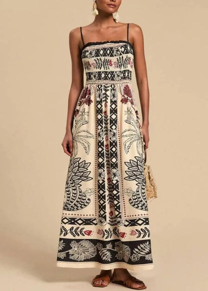 Classy White Print Cotton Spaghetti Strap Dress Summer