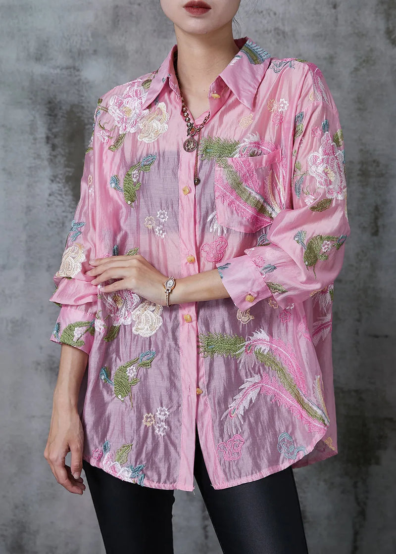 Style Pink Embroidered Linen Silk Upf 50+ Top Summer